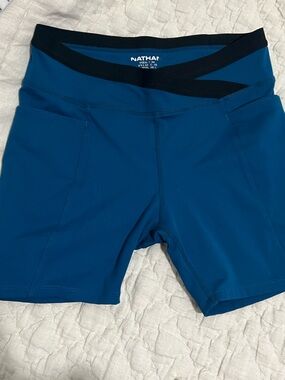 Nathan Women’s Teal Blue Athletic Bike Shorts with Black Waistband